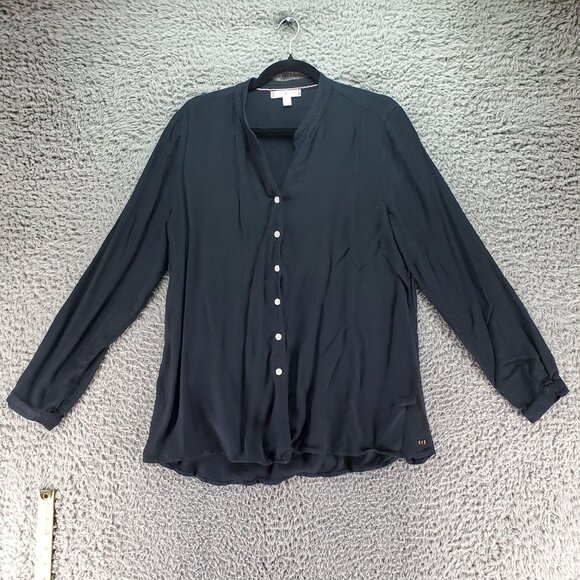 Tommy Hilfiger Top Womens XL Black Banded Collar Button-Down Blouse 100% Viscose - Picture 1 of 8